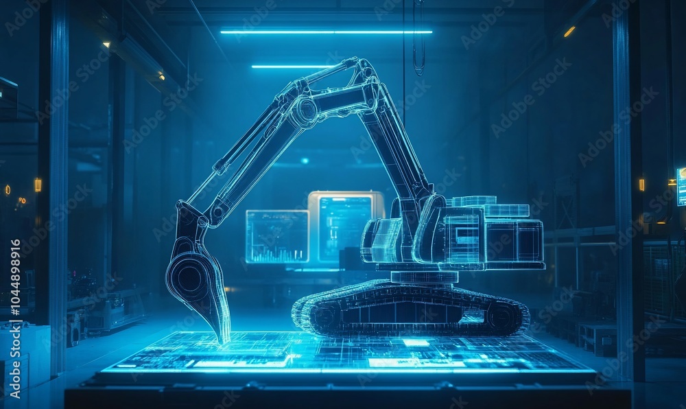 Aufkleber A digital wireframe of an excavator on a glowing table with circuit board pattern in a futuristic laboratory.