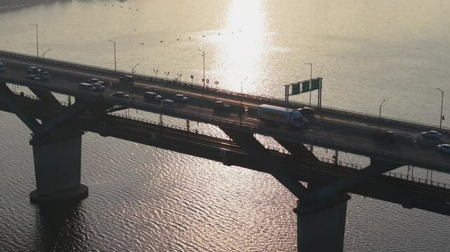 Early Morning Sunrise Over Seoul&rsquo;s Han River - Bridge with Subway and Roadway Scene