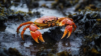 Close-up of a Red Crab on a Rocky Shore