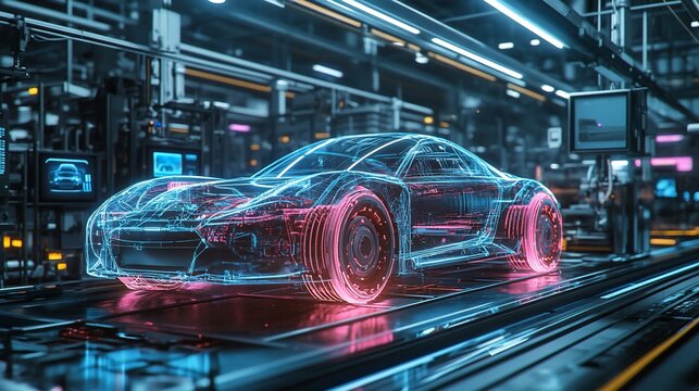 A futuristic car is being assembled on an automated assembly line, with neon lights illuminating the scene.