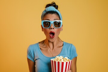 A woman enjoying a movie night with 3D glasses and a popcorn box, great for entertainment or leisure concepts