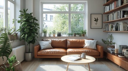 Nordicinspired living room a white wood table brown leather couch light wooden flooring contemporary shelving with books and organic vases and a large window with sunlight