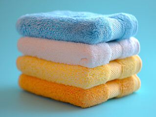 Stack of colorful bath towels on a blue background