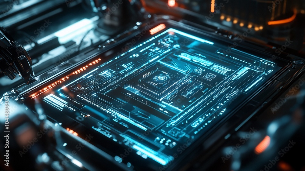 Poster A futuristic circuit board with glowing blue lines and a central processor.