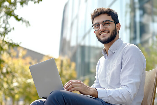 Young man smiling while using laptop outdoors in modern office environment demonstrating work flexibility and remote productivity. Business attire suggests professionalism and confidence