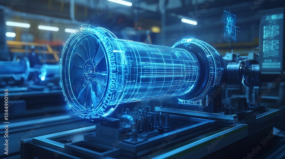 Poster a futuristic digital rendering of a jet engine being assembled in a factory with a blue light.