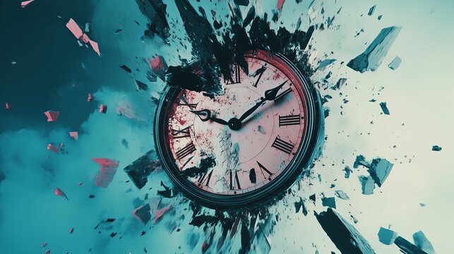 A dramatic image of a clock exploding into pieces, symbolizing the passage of time and the inevitability of change.