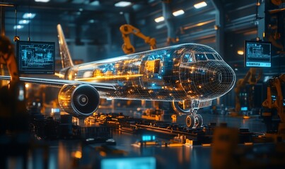 A futuristic factory with robotic arms assembling a transparent airplane with glowing wires.