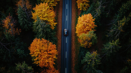 Aerial view car driving road in autumn forest. Colorful trees, scenic fall scenery, and asphalt highway idyllic woodland valley sunrise, with in majestic nature.