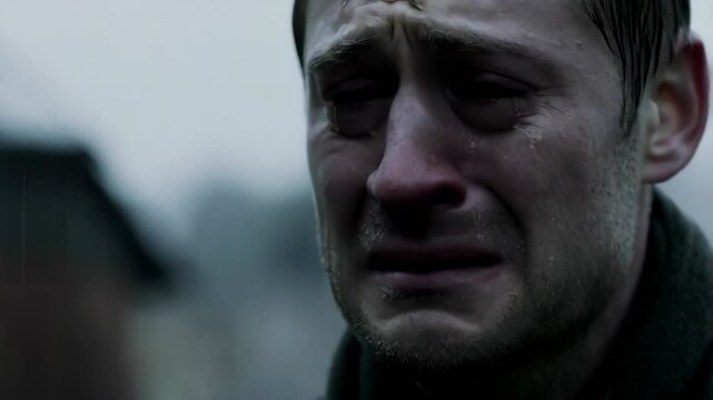 a close-up of a man face crying sad in the rain wet drama dimmed and cold overcast day