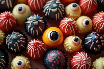 Fototapeta premium A close-up shot of colorful cupcakes designed to look like they have eyes, perfect for a whimsical or playful context
