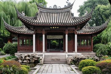 Obraz premium A traditional Chinese-style building with a stone walkway, perfect for use in scenes about ancient culture or architecture
