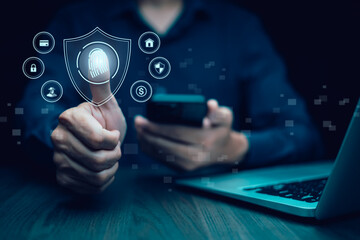 Businessman scanning a security system with his finger username and password, cybersecurity concept, information security and encryption, secure Internet access, Cyber security password login online.