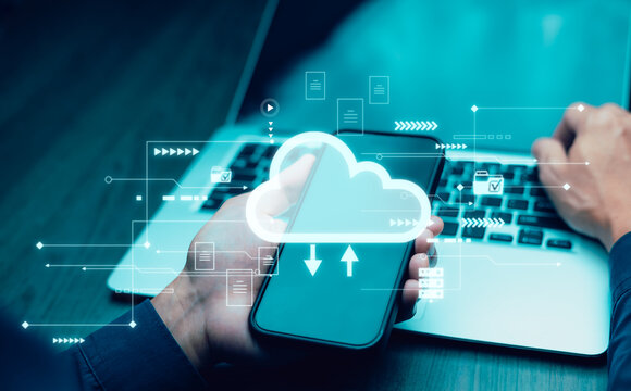 Business people using laptop with cloud computing system , Storage and data transfer Cloud network, Cloud technology. Networking and internet service, sharing download and upload and internet service