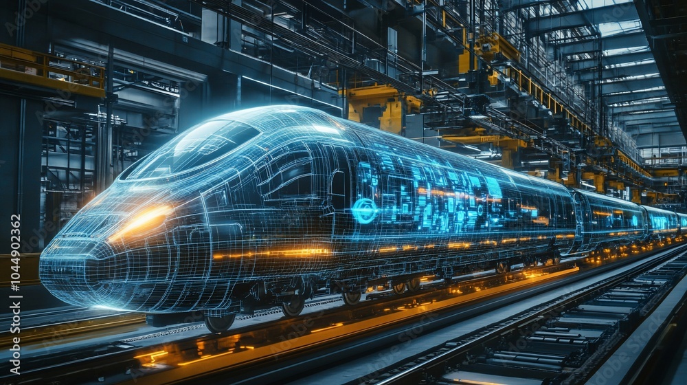 Poster a futuristic high-speed train with glowing blue lines representing its technological components, sta