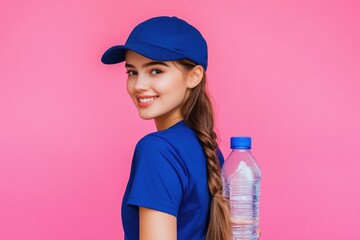A woman holding a bottle of water, suitable for use as a illustration or stock photo