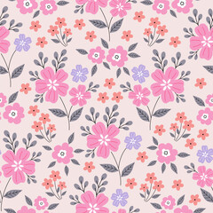 Obraz premium Seamless pattern with pink flower blossom garden. Cute hand drawn floral pattern for your fabric, summer background, wallpaper, backdrop, textile. 