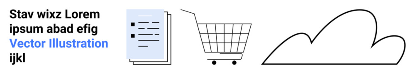Document, shopping cart, and cloud outline arranged on a white background. Ideal for business, technology, e-commerce, online shopping, and cloud computing themes. Banner for landing page