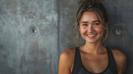 Fototapeta premium A smiling woman wearing a sports bra, perfect for fitness or exercise imagery