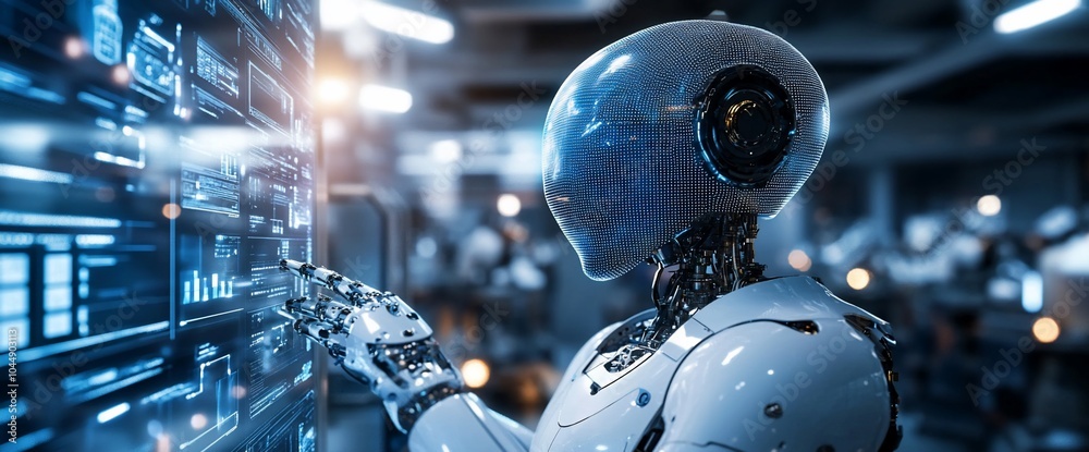 Poster A futuristic robot with a white and metallic body interacts with a digital interface in a modern technological environment.