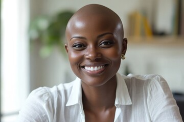 A woman with a bald head smiling at the camera
