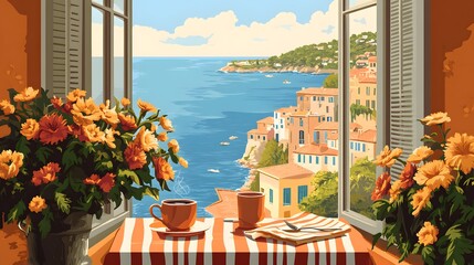 Obraz premium A retro poster of the view from an open window overlooking Lake Como, with flowers and coffee on a table in the foreground