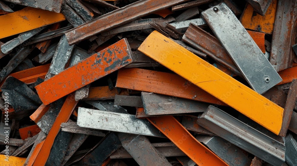 Wall mural pile of colorful metal scraps, including orange and silver pieces, showcases circular economy approa