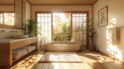 Fototapeta premium A bathroom with a modern tub, sink, and window