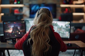 A woman sits in front of two computer monitors, typing away