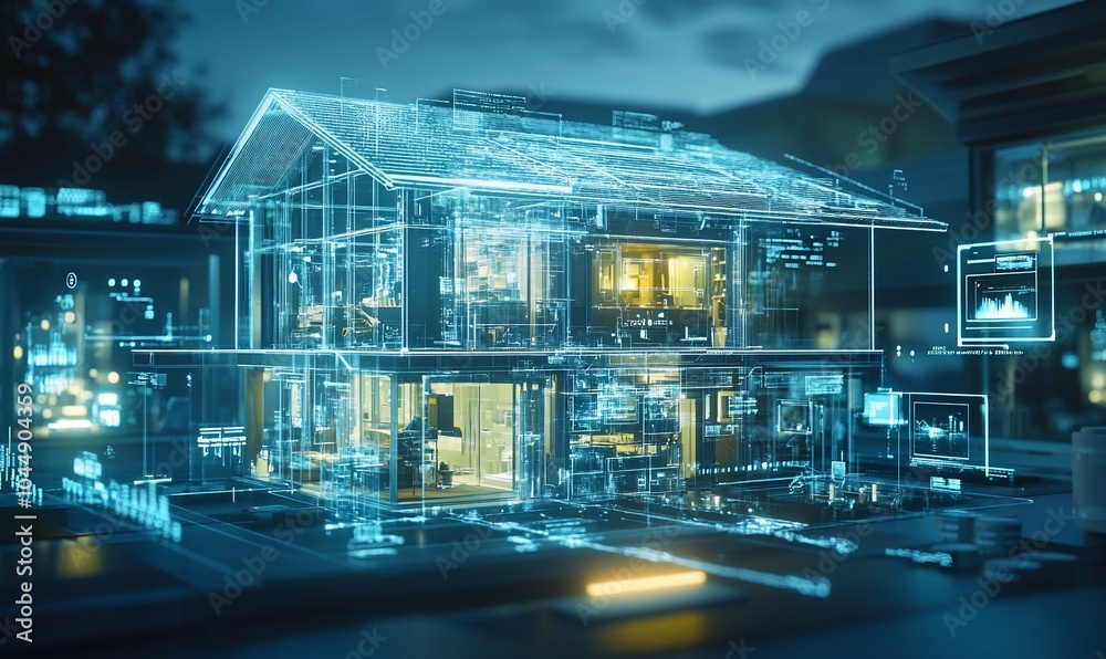 Poster a futuristic, holographic house with glowing blue lines and data visualizations representing a smart