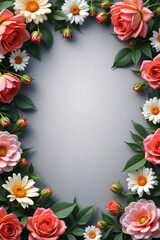 Floral Frame with Pink Roses and Daisies on Gray Background
