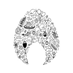 Fototapeta premium Hand drawn set of Happy easter doodle illustration. Easter bunny, chick, branches, tulips in sketch style. Pattern in eggs silhouette. Vector outline holiday picture on white background.