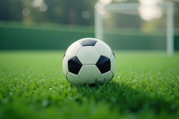 Obraz premium Soccer Ball on Grass Field with Goal in Background