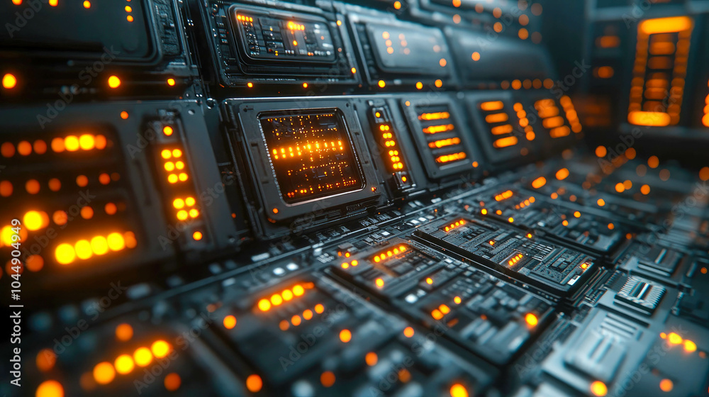 Poster close-up of a futuristic data server with bright orange led indicators. the image highlights the tec