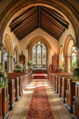 Obraz premium A traditional church interior with wooden pews and a red carpet, suitable for worship or special events