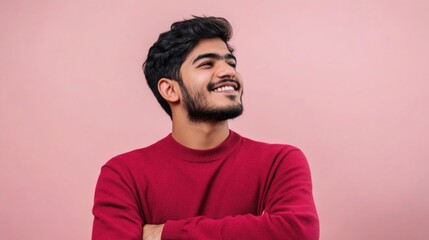 Obraz premium A person wearing a bright red sweater smiling and crossing their arms, suitable for illustrations on topics of positivity, warmth, or casual gatherings