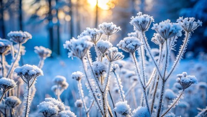 Frost Covered Wildflowers in Winter. Beautiful frozen blade of grass with snowflakes, snow in winter	