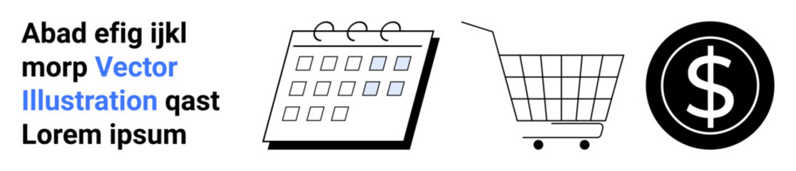 Black and white icons of a calendar, a shopping cart, and a dollar sign alongside text elements in black and blue. Ideal for e-commerce, finance, scheduling, marketing, and business themes. Banner