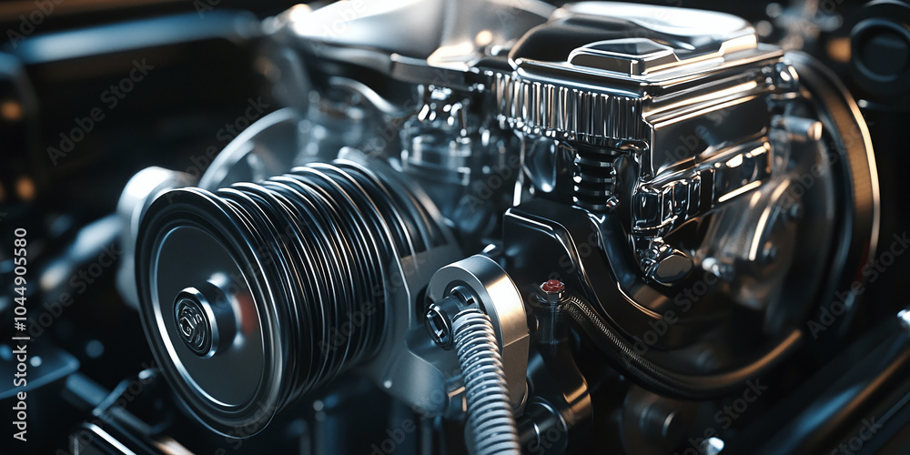 Wall mural close-up of a modern car engine, highlighting advanced automotive engineering and high-performance m