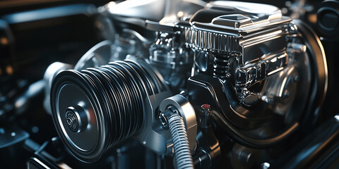 Fototapeta premium Close-up of a modern car engine, highlighting advanced automotive engineering and high-performance mechanical components.