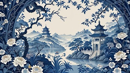 A chinoiserie-style wallpaper featuring a blue and white landscape. 
