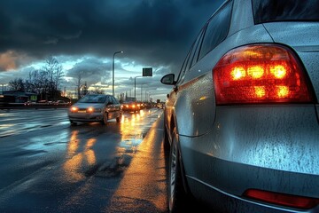 A group of vehicles navigating through a rainy road