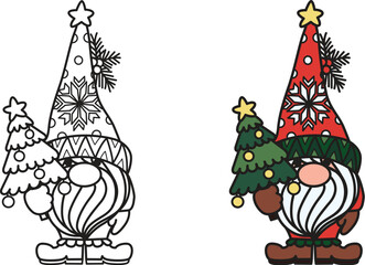 Cute groovy gnome holding Christmas tree for coloring book, sticker design, t shirt design and so on. Vector illustration.