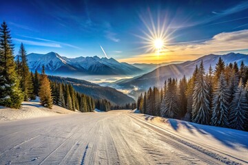 Ski slope with forest mountains and sun on the background