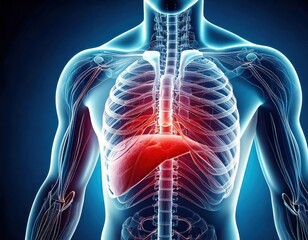 3d rendered illustration of human anatomy with highlighted red in the liver area.