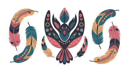 Colorful Bohemian Style Decorative Feather Illustrations