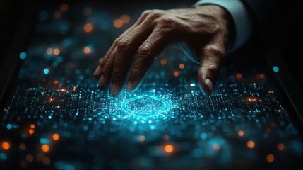 A hand reaches out to touch a glowing blue digital brain on a dark background.