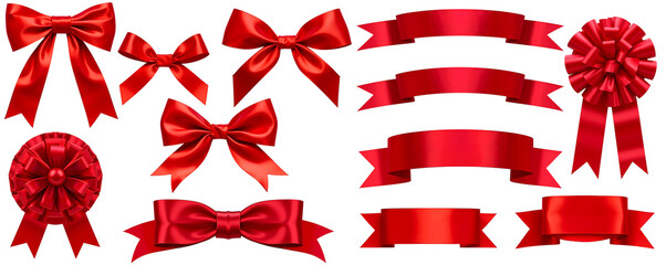 Fototapeta premium Red Ribbon Collection: A set of 10 red ribbon bows and banners, perfect for adding a touch of elegance and festivity to your designs. 