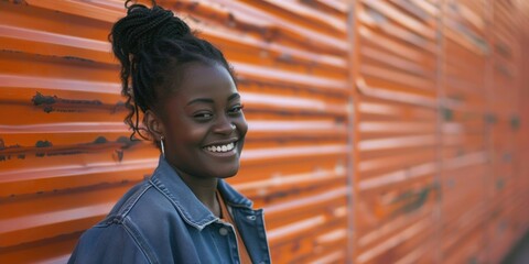Fototapeta premium A young woman stands in front of a vibrant orange wall, offering a pop of color and energy