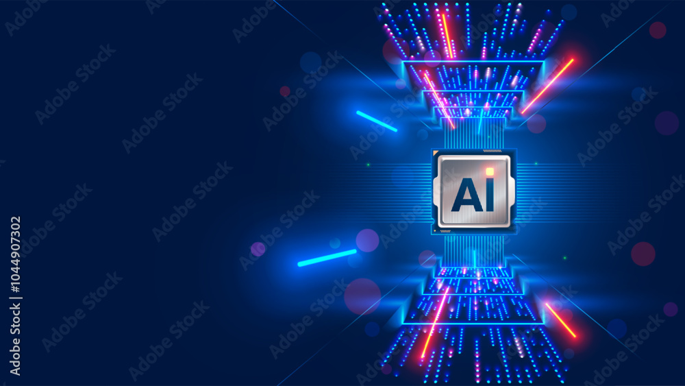 Fototapete Processor with integration AI. AI Letters on chip. CPU connected to data storage. Artificial intelligence technology in electronic chip. Data processing by artificial intelligence chip. AI hardware.